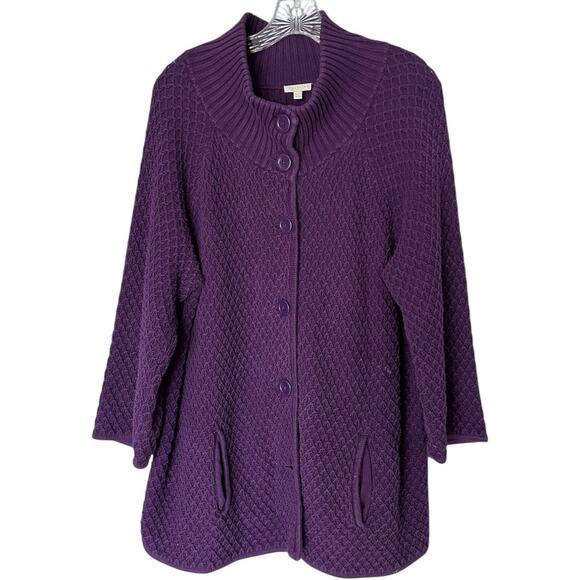 Talbots Button-Front Coatigan Sweater Women's 2X Royal Purple Chunky Knit Cotton - Picture 1 of 5